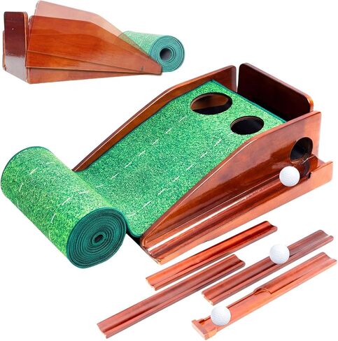 Putting Green Indoor with 20°/25°/30° Adjustable Green Slope, Auto Ball Return - Easy to Fold Solid Wood Base, Golf Training Aid for Home, Office, Backyard - Golf Putting Mat for Men in Kuwait