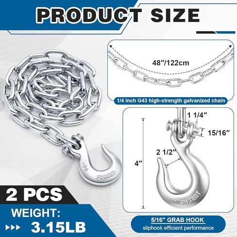 2 Pack 48 Inch Chain and Slip Hook for T Post Puller Fence Post Remover Tool Galvanized Steel Lifting Chain, Works with Jack Lever, Heavy Duty for Fence Poles Sign Tree Stumps Removal Repair in Kuwait