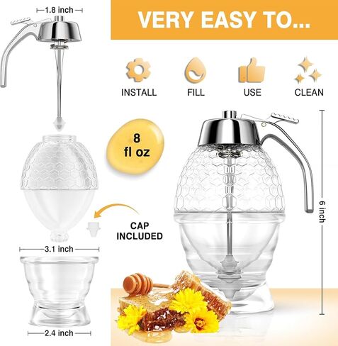 موزع العسل بدون تقطير زجاجي 8 أونصة مع سطح بلاستيكي، برطمان عسل جميل على شكل قرص العسل مع حامل - حاوية شفافة مقاس 6 بوصات، وعاء عسل، موزع شراب القيقب، ديكور مثالي للنحل للمطبخ المنزلي in Kuwait
