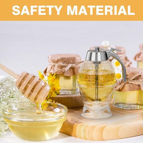 موزع العسل بدون تقطير زجاجي 8 أونصة مع سطح بلاستيكي، برطمان عسل جميل على شكل قرص العسل مع حامل - حاوية شفافة مقاس 6 بوصات، وعاء عسل، موزع شراب القيقب، ديكور مثالي للنحل للمطبخ المنزلي in Kuwait