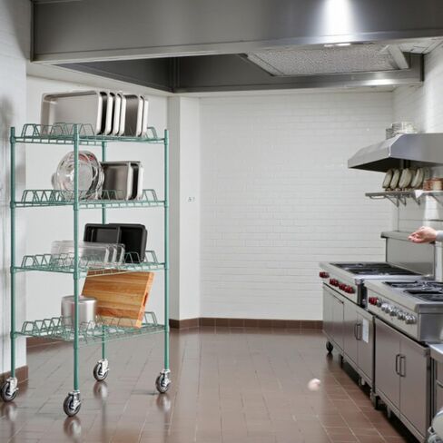 حامل تجفيف تجاري من PRO&Family مقاس 24 بوصة × 48 بوصة من الإيبوكسي الأخضر المتنقل ذو 4 طبقات مع عجلات - رفوف سلكية شديدة التحمل لتجفيف الأطباق وتخزين المطبخ واستخدام خدمة الطعام (فتحات 3 بوصات) in Kuwait