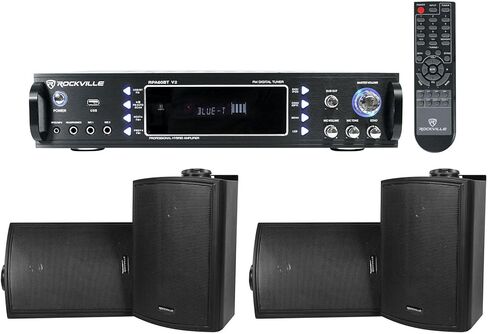 حزمة Rockville RPA60BT V2: 1000 واط الذروة / 250 واط RMS للمسرح المنزلي بلوتوث USB مستقبل كاريوكي / مكبر صوت، (2) زوج HP5S-8 BK 5.25 بوصة 8 أوم IPX44 مكبرات صوت مثبتة على الحائط مع أقواس دوارة، 3 عناصر in Saudi Arabia