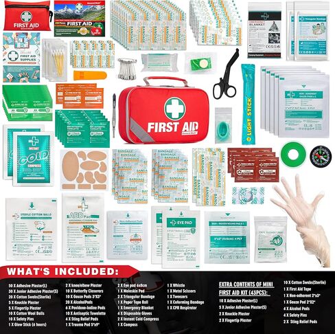 General Medi 2-in-1 First Aid Kit (215 Piece Set) + 43 Piece Mini First Aid Kit -Includes Eyewash, Ice(Cold) Pack, Moleskin Pad and Emergency Blanket for Travel, Home, Office, Car, Workplace in Kuwait