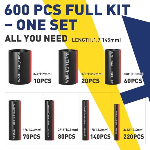 مجموعة أنابيب الانكماش الحراري 4:1 من haisstronica، 550 قطعة بطول 1.75 بوصة، 7 مقاسات 3/32 بوصة - 3/4 بوصة، إجمالي 80 قدمًا، غلاف منكمش بدرجة مقاومة للبحر مبطن بمادة لاصقة - مثالي للمنزل والصناعي، شفاف in Kuwait