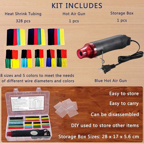 Wire Heat Shrink Tubing Kit + Mini Heat Gun for Shrink Tubing - 328pcs 2:1 Wire Shrink Wrap Tubing + 300W Heat Shrink Gun with Case - for Wires,Shrink Wrap and Cable Repair. in Saudi Arabia