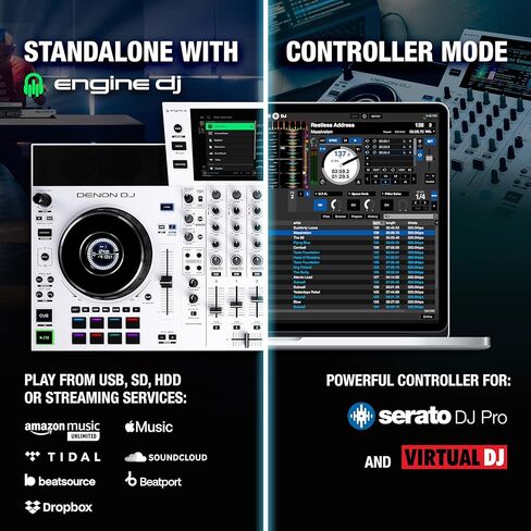 Denon DJ SC LIVE 4 WHITE - وحدة تحكم DJ مستقلة مع سيقان على 4 طوابق، بث واي فاي، مكبرات صوت مدمجة، متوافق مع Serato DJ وVirtual DJ in Kuwait