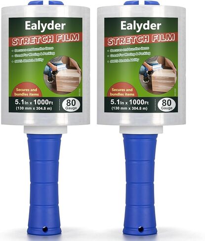 2-Pack Industrial Mini Stretch Wrap Film 80 Gauge 5.1" 1000ft, Self-Adhering Clear Hand Stretch Wrap with Plastic Handle for Packing, Shipping, Moving & Pallet Bundling in Kuwait