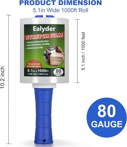 2-Pack Industrial Mini Stretch Wrap Film 80 Gauge 5.1" 1000ft, Self-Adhering Clear Hand Stretch Wrap with Plastic Handle for Packing, Shipping, Moving & Pallet Bundling in Kuwait