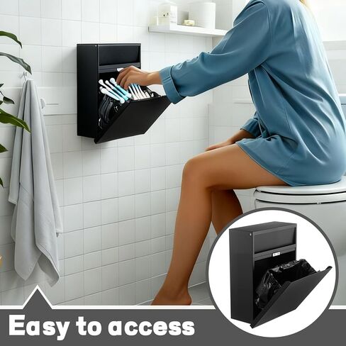 صندوق حشا مثبت على وعاء التخلص من المناديل الصحية مع 100 كيس بطانة سوداء للتخلص من النفايات، حامل حشا النفايات الأنثوية، حاوية نظافة الحمام، أسود، معدني in Kuwait