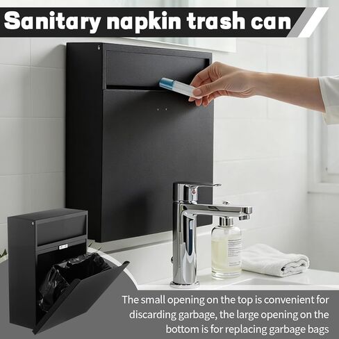 صندوق حشا مثبت على وعاء التخلص من المناديل الصحية مع 100 كيس بطانة سوداء للتخلص من النفايات، حامل حشا النفايات الأنثوية، حاوية نظافة الحمام، أسود، معدني in Kuwait