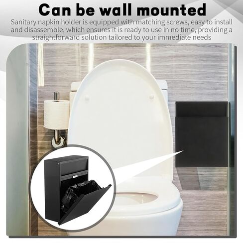 صندوق حشا مثبت على وعاء التخلص من المناديل الصحية مع 100 كيس بطانة سوداء للتخلص من النفايات، حامل حشا النفايات الأنثوية، حاوية نظافة الحمام، أسود، معدني in Kuwait