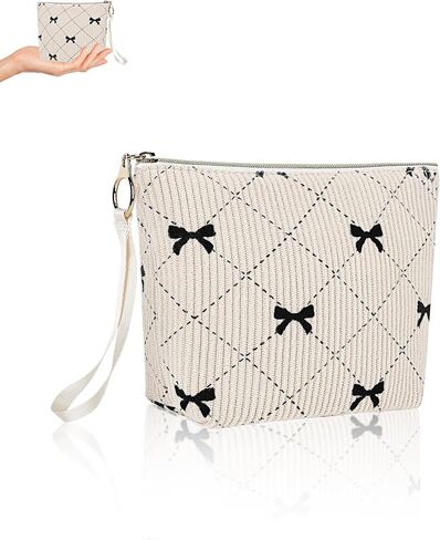 Bow Period Bag for Teen Girls, Corduroy Cute Sanitary Napkin Storage Bag with Wristlet, Menstrual Pad Pouch Tampon Holder for Backpack (Beige) in Kuwait