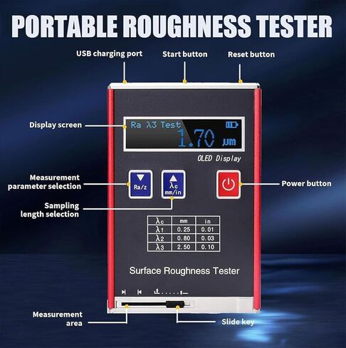 Portable High Accuracy Roughness Tester,0.01μm Precision Digital Profiler with 4 Parameters Ra/Rq 0.05~20μm Rz/Rt 0.1~50μm,for Workshop Parts Finishing in Kuwait