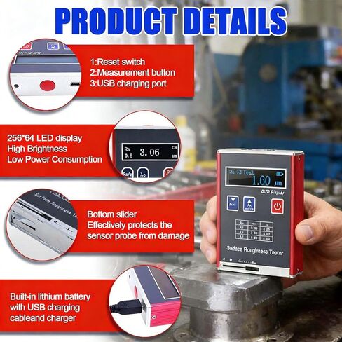 Portable High Accuracy Roughness Tester,0.01μm Precision Digital Profiler with 4 Parameters Ra/Rq 0.05~20μm Rz/Rt 0.1~50μm,for Workshop Parts Finishing in Kuwait
