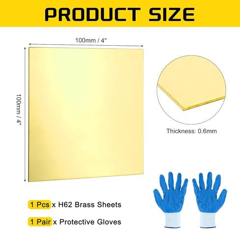 MECCANIXITY Brass Sheet, 2" X 2" 26 Gauge(0.4mm) Thickness H62 Brass Metal Plates Thin Metal Sheets with Gloves for Craft DIY Model Jewelry Electrical Repair Industrial, Pack of 4, Gold in Saudi Arabia