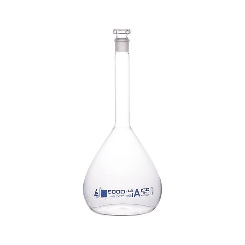 EISCO Volumetric Flask, 5000mL - Borosilicate Glass - Class A - Hexagonal Hollow Glass Stopper - Single Blue Graduation in Saudi Arabia