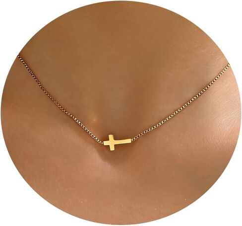 قلادة صليب للنساء مطلية بالذهب عيار 18 قيراط أنيقة صغيرة جانبية متقاطعة قلادة قابلة للتعديل من الفولاذ المقاوم للصدأ مجوهرات الإيمان العصرية in Kuwait