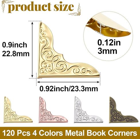 120pcs Metal Book Corner Protectors, Vintage Photo Corners Protectors for Scrapbooking, Decorative Paperback Edge Guard Accessories for Journal Book Notebook Photo Album- 4 Colors in Kuwait
