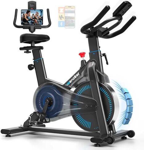 Exercise Bike, Wenoker Magnetic Stationary Bike for Home App Sync Indoor Bike with Adjustable Seat and Handlebar, Transport Wheels and Fitness Courses for Weight Loss in Kuwait