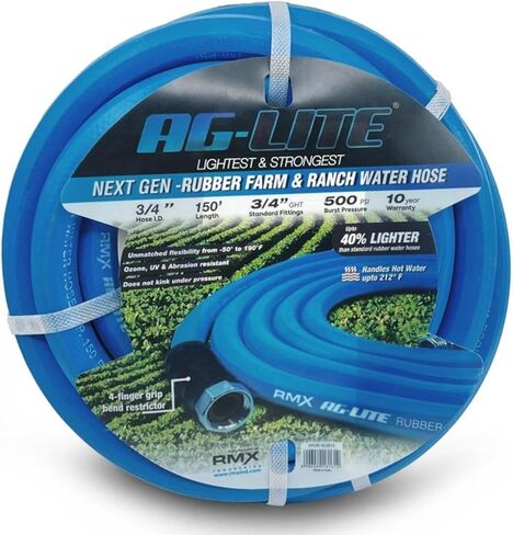AG-LITE AL34150 3/4" x 150' Rubber Farm & Ranch Water Hose, Lightweight, 500 PSI, 50F to 190F Deg, Polyester Braided, Brass GHT Fittings, 4 Finger-Grip Bend Restrictor, Agriculture & Industrial Use in Saudi Arabia