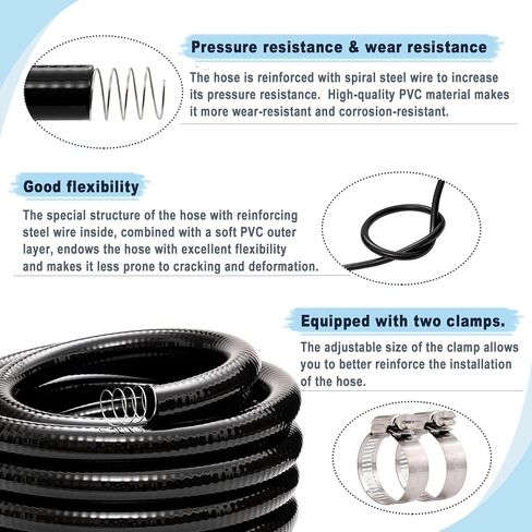 EASTRANS 3/4" x 10ft Reinforced Black Vinyl Tubing High Pressure Steel Wire Plastic Water Hose Flexible Pool Suction Drain Tube with 2 Clamps，No Kinking in Kuwait
