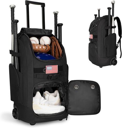 Rolling Baseball Bag with Wheels, 60L Capacity Wheeled Softball bag with Shoe Compartment for Youth & Adult, Bat bag with Hidden Straps,Fence Hook,Holds 4 Bat, Helmet, Glove in Saudi Arabia