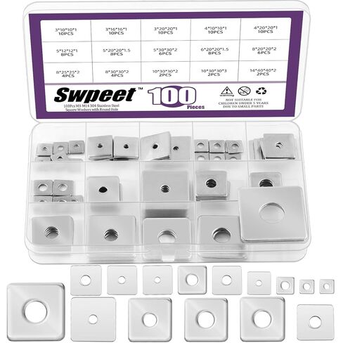Swpeet 100Pcs 15 Sizes M3 M4 M5 M6 M8 M10 M14 304 Stainless Steel Silver Squares Washer with Round Hole Assortment Kit, Square Plate Washers Rectangular Pad Spacer Gasket Washer for Hardware Fastener in Saudi Arabia