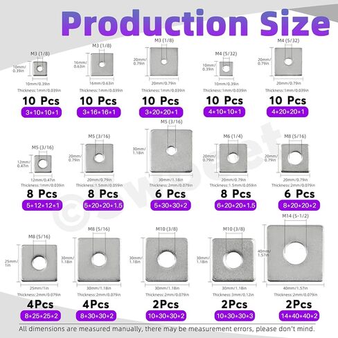 Swpeet 100Pcs 15 Sizes M3 M4 M5 M6 M8 M10 M14 304 Stainless Steel Silver Squares Washer with Round Hole Assortment Kit, Square Plate Washers Rectangular Pad Spacer Gasket Washer for Hardware Fastener in Saudi Arabia