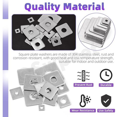 Swpeet 100Pcs 15 Sizes M3 M4 M5 M6 M8 M10 M14 304 Stainless Steel Silver Squares Washer with Round Hole Assortment Kit, Square Plate Washers Rectangular Pad Spacer Gasket Washer for Hardware Fastener in Saudi Arabia