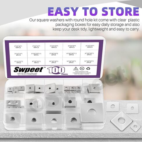 Swpeet 100Pcs 15 Sizes M3 M4 M5 M6 M8 M10 M14 304 Stainless Steel Silver Squares Washer with Round Hole Assortment Kit, Square Plate Washers Rectangular Pad Spacer Gasket Washer for Hardware Fastener in Saudi Arabia
