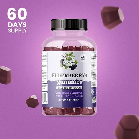 Elderberry+ Gummies – Elderberry Extract with Vitamin C, Vitamin D3 & Zinc – Sambucus Elderberry Immune Support – 60 Gummies – Vegan, Non-GMO, Gluten-Free – Elderberry Flavor Dietary Supplement in Saudi Arabia