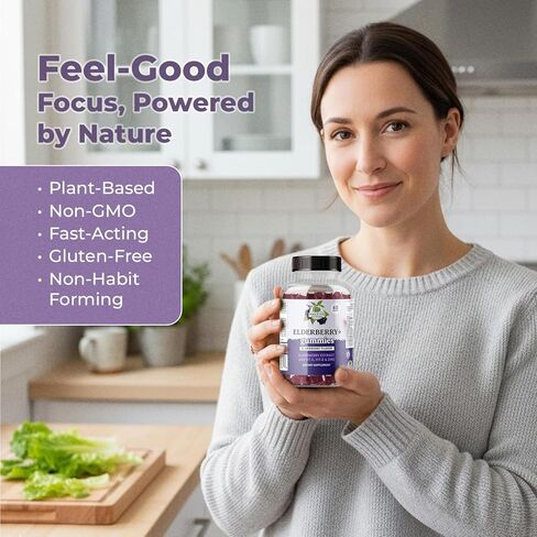 Elderberry+ Gummies – Elderberry Extract with Vitamin C, Vitamin D3 & Zinc – Sambucus Elderberry Immune Support – 60 Gummies – Vegan, Non-GMO, Gluten-Free – Elderberry Flavor Dietary Supplement in Saudi Arabia