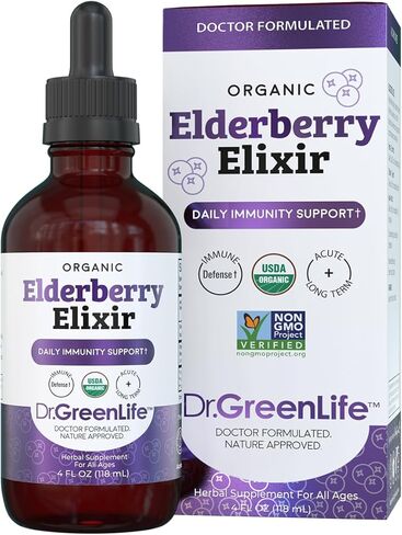 دكتور جرين موم إكسير نبات البلسان العضوي للرضع والأطفال الصغار والأطفال والبالغين - شراب نبات البيلسان السامبوكوس نيجرا - قطرات مكملة يومية لدعم المناعة in Kuwait