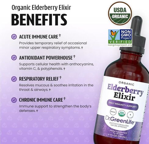 دكتور جرين موم إكسير نبات البلسان العضوي للرضع والأطفال الصغار والأطفال والبالغين - شراب نبات البيلسان السامبوكوس نيجرا - قطرات مكملة يومية لدعم المناعة in Kuwait