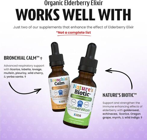 دكتور جرين موم إكسير نبات البلسان العضوي للرضع والأطفال الصغار والأطفال والبالغين - شراب نبات البيلسان السامبوكوس نيجرا - قطرات مكملة يومية لدعم المناعة in Kuwait