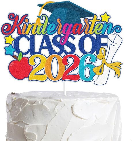 LINGBOOM Kindergarten Class of 2025 Graduation Cake Topper (04) - 1 Count, 7x8 Inches, Black Gold Premium Glitter Card Materials in Saudi Arabia