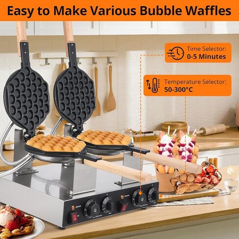 2800W Double Waffle Maker, Commercial Bubble Waffle Maker Machine, Non-Stick Egg Waffle Maker, Adjustable Temp & Timer, Fast Heating, Perfect for Snack Bars & Homes in Saudi Arabia