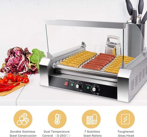 S AFSTAR Commercial 30 Hot Dog 11 Non-Stick Roller Machine, Electric Hot Dog Sausage Grill Cooker Machine with Removable Stainless Steel Drip Tray & Glass Hood Cover, Countertop Hot Dog Roller Warmer in Kuwait