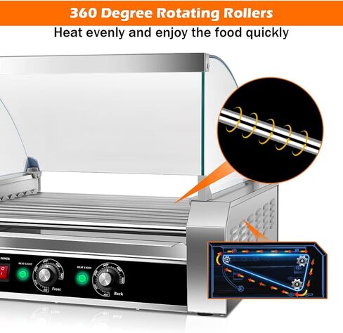 S AFSTAR Commercial 30 Hot Dog 11 Non-Stick Roller Machine, Electric Hot Dog Sausage Grill Cooker Machine with Removable Stainless Steel Drip Tray & Glass Hood Cover, Countertop Hot Dog Roller Warmer in Kuwait