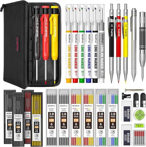 Nicpro 39 Pack Carpenter Pencil مجموعة مع Sharpener ، وأقلام النجار الميكانيكية مع عبوات ، وعلامة NIB طويلة الثقب ، وأقلام البناء لمهندس المعماري الخشبي -هدايا يوم الأب من أجل أبي in Kuwait