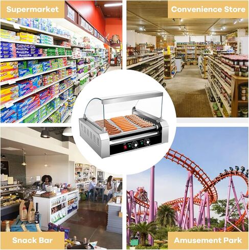 S AFSTAR Commercial 30 Hot Dog 11 Non-Stick Roller Machine, Electric Hot Dog Sausage Grill Cooker Machine with Removable Stainless Steel Drip Tray & Glass Hood Cover, Countertop Hot Dog Roller Warmer in Kuwait