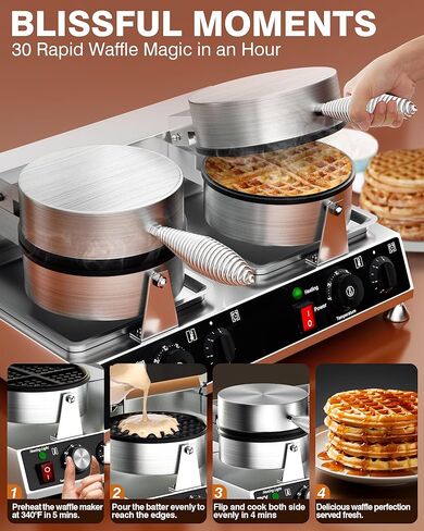 WantJoin Commercial Waffle Maker – Double Stainless Steel Waffle Iron with Non-Stick Teflon & 360° Heating Tubes, 122-482℉, Perfect for Cafes, Hotels, Food Trucks & Dessert Shops 2500W in Saudi Arabia