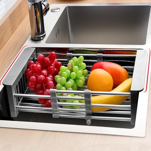 Dish Drying Rack, Adjustable Stainless Steel Drainer Basket Drain Tray for Dishes, Vegetables, and Fruit, On or in Sink Kitchen Basket (Grey) in Saudi Arabia