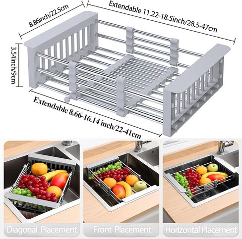 Dish Drying Rack, Adjustable Stainless Steel Drainer Basket Drain Tray for Dishes, Vegetables, and Fruit, On or in Sink Kitchen Basket (Grey) in Saudi Arabia