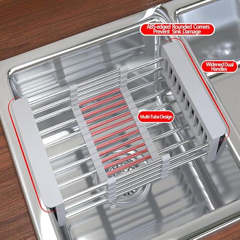 Dish Drying Rack, Adjustable Stainless Steel Drainer Basket Drain Tray for Dishes, Vegetables, and Fruit, On or in Sink Kitchen Basket (Grey) in Saudi Arabia