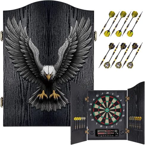 لوحة رمي السهام الإلكترونية، مجموعة خزانة لوحة رمي السهام المزخرفة للبالغين [12 * سهام ذات أطراف ناعمة برونزية] [وضع لعبة الكريكيت] - خزانة خشبية كهربائية لغرف الألعاب العائلية - النسر in Kuwait