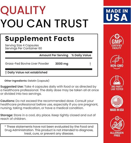 كبسولات كبد البقر - مصنوعة في الولايات المتحدة الأمريكية (عبوة قيمة) مصدر غذائي كامل لأكثر من 30 عنصرًا مغذيًا حيويًا: فيتامين أ، ب12، حمض الفوليك، حديد الهيم، الزنك للطاقة، المناعة، البشرة - 100% مكمل لأعضاء لحم البقر الذي يتغذى على العشب in Kuwait