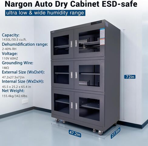 NARGON 2-40% RH 1430L الخزانة الجافة الإلكترونية، خزانة المجفف ESD لتخزين العدسات البصرية، تجميعات РСВ، الرقاقة، المكونات الإلكترونية، أشباه الموصلات، المواد الكيميائية المخبرية، الموديل NMC1436BF in Kuwait