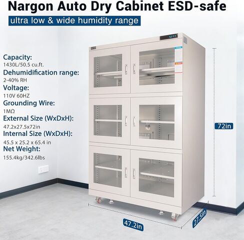 NARGON 2-40% RH 1430L الخزانة الجافة الإلكترونية، خزانة المجفف ESD لتخزين العدسات البصرية، تجميعات РСВ، الرقاقة، المكونات الإلكترونية، أشباه الموصلات، المواد الكيميائية المخبرية، الموديل NMC1436B in Kuwait