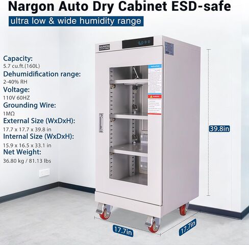 خزانة NARGON 2-40% RH 160L الإلكترونية الجافة، خزانة تجفيف ESD لتخزين العدسات البصرية، مجموعات РСВ، الرقاقة، المكونات الإلكترونية، أشباه الموصلات، المواد الكيميائية المخبرية، موديل NMC161B in Kuwait